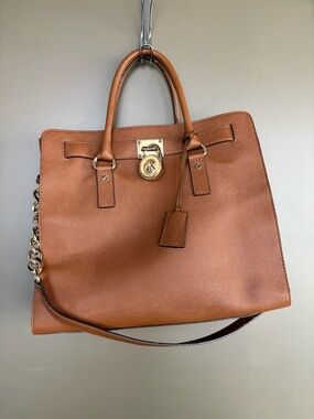 Michael Kors Cognac Leather Satchel with Gold-Tone Lock